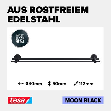 Двосторонній тримач для рушників tesa Moon Black, матовий чорний, настінний без свердління, 2 стрижні, 112x640x50 мм