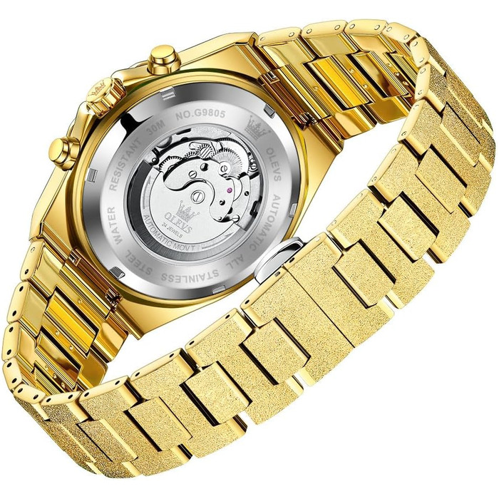 Чоловічий наручний годинник OLEVS G9805 аналоговий, сталевий ремінець, золотий колір, водонепроникний, з календарем та підсвіткою