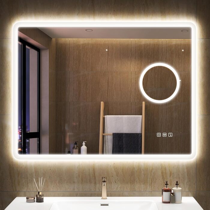 Дзеркало для ванної кімнати S'bagno з підсвічуванням 80x60 см, LED, Bluetooth, протитуманне покриття, 3 кольори, диммування, пам'ять налаштувань, загартоване скло, IP44, водонепроникність, горизонтальне/вертикальне встановлення