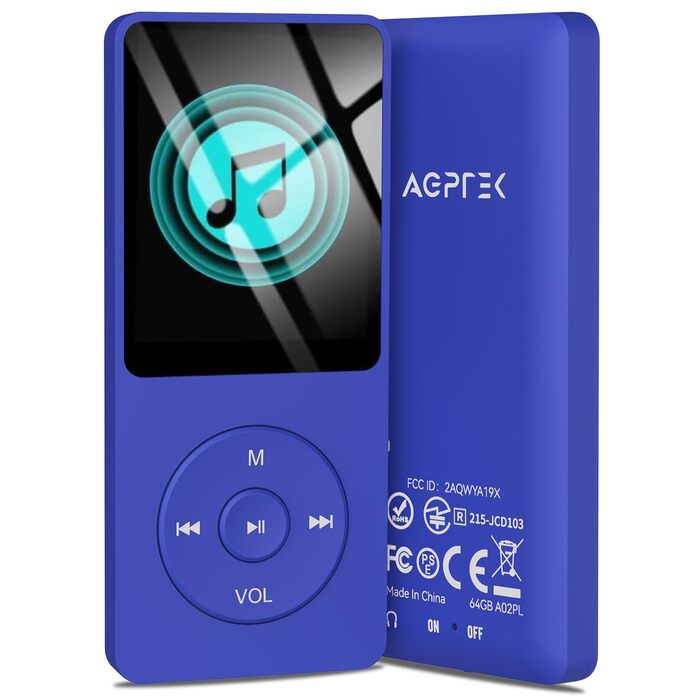 MP3 плеєр AGPTEK 64GB Hi-Fi музичний плеєр з часом роботи до 70 годин, підтримка карт пам'яті до 128ГБ, легкий портативний плеєр для дітей та дорослих, синій