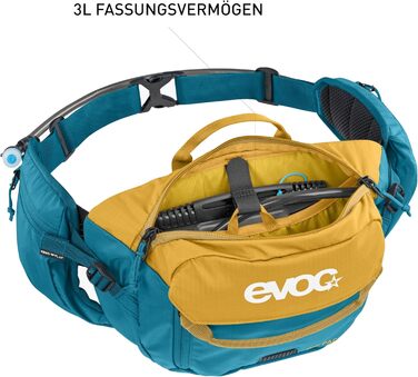 EVOC HIP Pack 3л - нагрудна сумка, поясна сумка, нагрудний жилет (3л об'єм, система Airflow Contact, регульований поясний ремінь, система Venti Flap, без питної бульбашки) (Колір: Глина Жовтий / Океан)