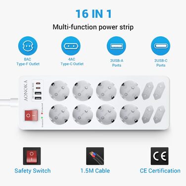 Мережевий фільтр 12-разовий з USB-C, перенапруження до 1700 Дж, з вимикачем, 4 USB-порти, 10 розеток, чорний, для кріплення на стіну, 1,5 м