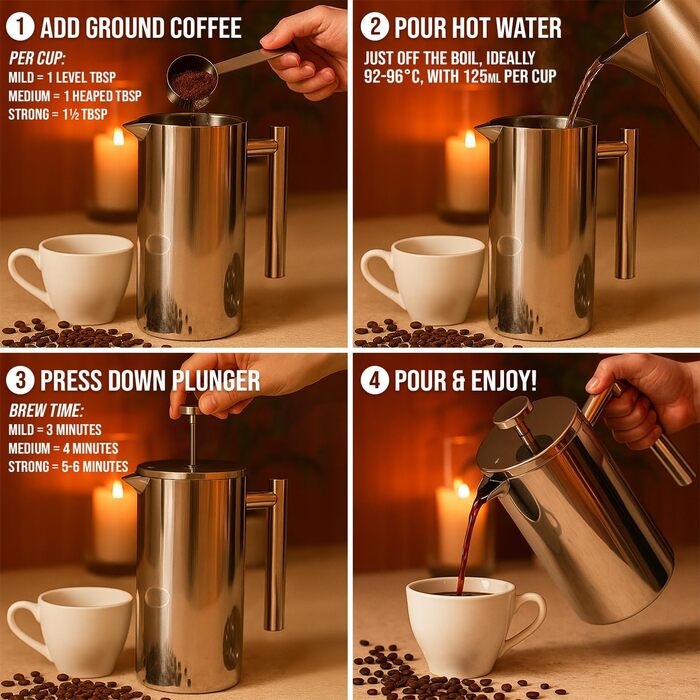 French Press Red Ember 1L з нержавіючої сталі - кавомашина з подвійними стінками, ізольована, нержавіюча, з 3-шаровим фільтром для насиченого смаку, ідеальна для дому та кемпінгу