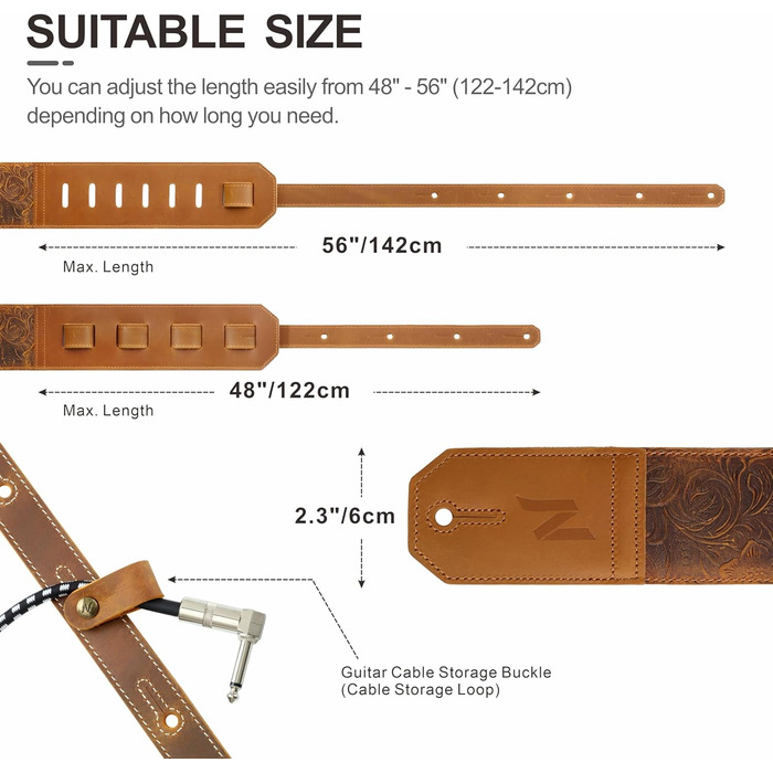 Шкіряний гітарний ремінь Nefelibata 2.3' з повним покриттям з тисненням Сахари (жовтий) для бас, електро та акустичної гітари