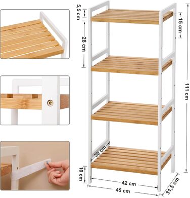 SONGMICS Bamboo Shelf, Kitchen Shelf, Bathroom Shelf, Bookshelf, Freestanding Shelf with 4 Shelves, 45 x 31.5 x 111 cm, for Bathroom, Kitchen, Living Room, Bedroom, Balcony, Natural White BCB74WN