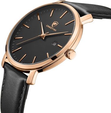 Чоловічий годинник Cheeta: мінімалістичний дизайн, кварцовий механізм, водостійкість 3 ATM, шкіряний ремінець, дата, спортивний стиль, рожеве золото, чорний колір