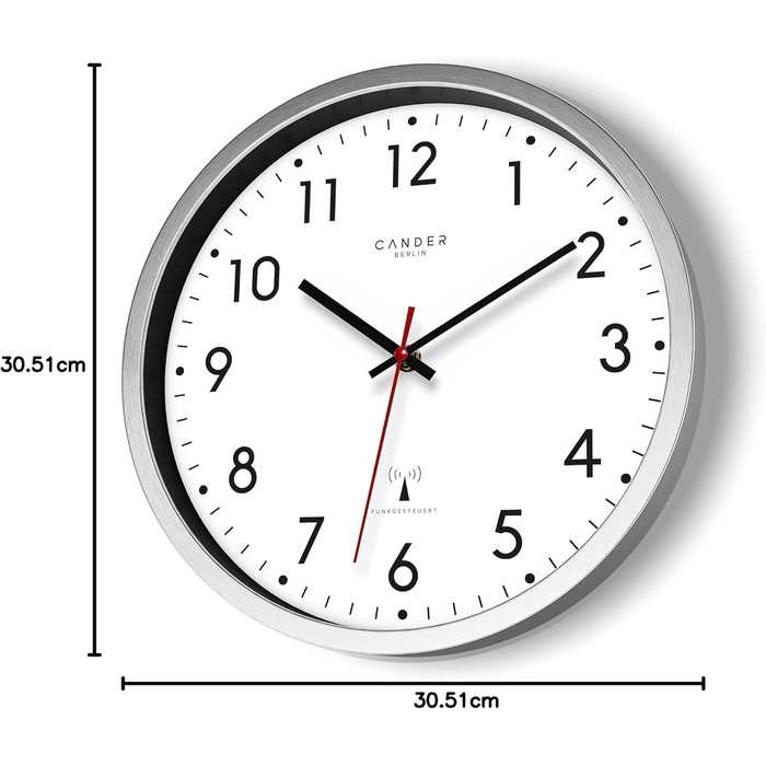 Cander Berlin MNU 3030 Wall Clock White Aluminum Silent 30.5 cm Analog Quiet Radio Clock