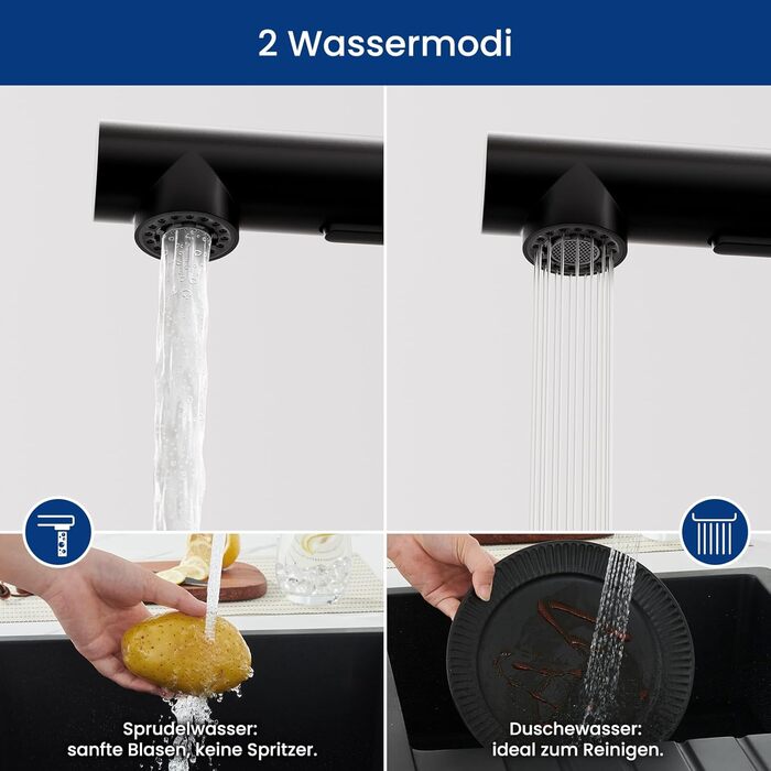 Кран кухонний CECIPA X203B чорний з висувною лійкою, 360° поворот, двома струменями, з нержавіючої сталі