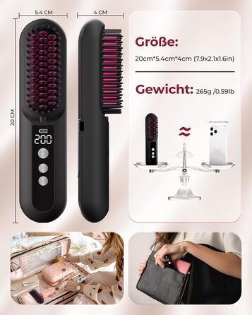 CARER SPARK Бездротова випрямляч для волосся з акумулятором 10000mAh, швидкий нагрів за 30 секунд, 80 хвилин роботи, мільйони негативних іонів, портативна міні-щітка для подорожей, 9 температурних режимів, захист від перегріву, швидке укладання