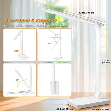 LED лампа для столу Akynite з регулюванням яскравості, USB, 2A адаптер, 5 кольорів, 10 рівнів яскравості, таймер, сенсорне управління, для дітей, білий