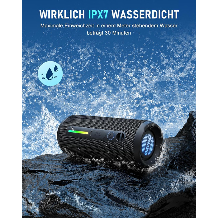 Портативна Bluetooth колонка OHAYO 24W з RGB підсвіткою, Bass Boost, 30 годин роботи, IPX7, підтримкою дзвінків та водонепроникністю для відпочинку на природі, вечірок, пляжу, саду (чорна)
