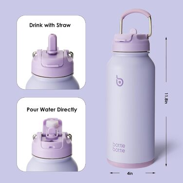 BOTTLE BOTTLE Stainless Steel Water Bottle 1L with Straw – Leak-Proof Insulated Bottle for Sports & Gym, with Pill Compartment, BPA-Free, Double-Walled (Light Purple)