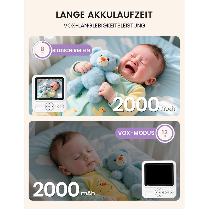 Дитячий відеоняня OBVHNUA з камерою 720p IPS, 2.8' екраном, акумулятором 2000mAh, цифровим зумом, функцією VOX, двостороннім аудіо, нічним баченням, контролем температури та колисковою