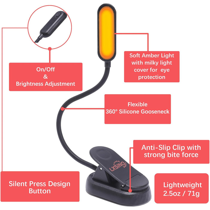 LED лампа для читання Clip-On з блокуванням блакитного світла, 1600K, тепле світло, акумулятор 1000mAh, сумісна з Kindle