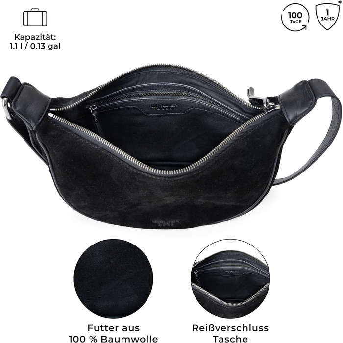 Сумка через плече Berliner Bags Luna, шкіряна жіноча, чорна замша, напівмісяць