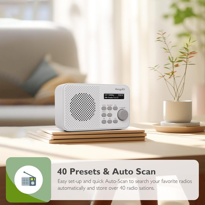 MD5 Стерео Радіо DAB з Bluetooth 5.3 та 2.4' Кольоровим Дисплеєм, Портативне Цифрове Радіо UKW, 2.0 Стереозвук, 40 Пам'ять, Будильник, Повторний Будильник & Сон, USB-C Живлення (Від Мережі або від Батареї) (Колір: Горіх, Моно Кам'яне Сіре)