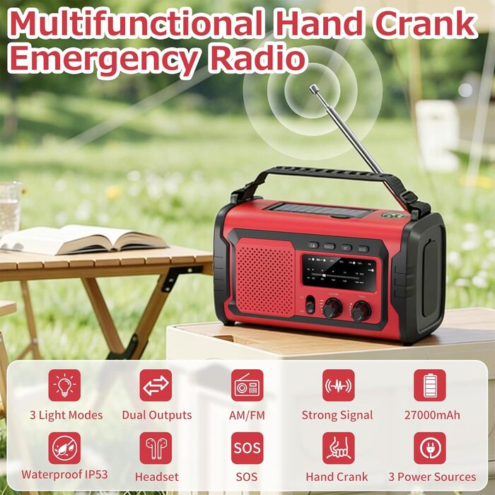 Радіо на сонячній батареї та ручному заводі Kurbelradio 27000mAh з SOS, Bluetooth, Powerbank та ліхтариком для кемпінгу та активного відпочинку (Червоний)