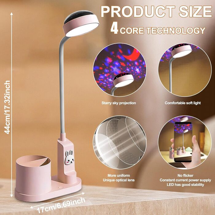 Дитяча LED лампа на стіл Kinder з тримачем для олівців, регульована, з проекцією зірок, 360° повертання, для дитячої кімнати (рожева)