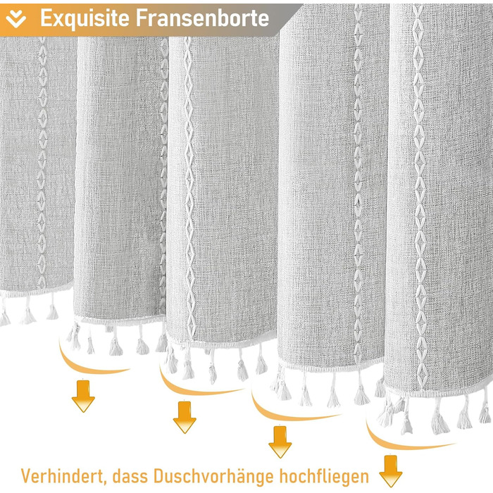 Шторка для душу BTTN 182 x 200 см, Бохо-фермерський стиль, важка тканина, з бахромою, водонепроникна, з вантажами, 12 гачків (сіра, смугаста)