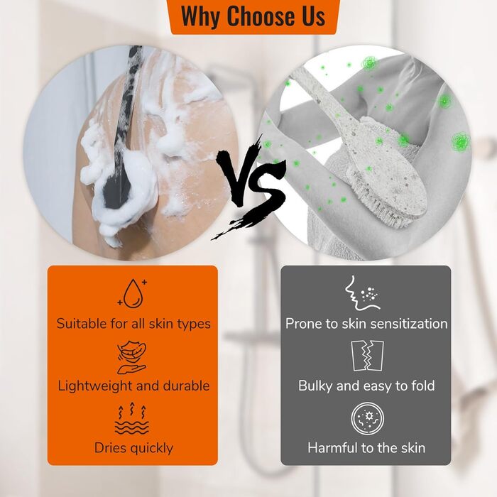 Силіконовий скребок для тіла під душ з довгим руків'ям, двостороння дзеркальна щітка для душу для скрабу та масажу, створює багато піни, скребок для спини з довгим руків'ям для чоловіків (Елегантний чорний)