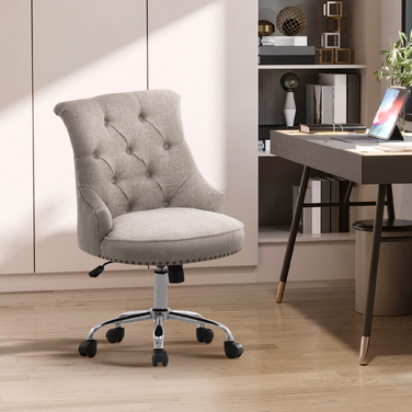 HOMCOM Swivel Upholstered Chair Ergonomic Office Chair Height Adjustable Retro Design Up to 150 kg Linen Light Grey 54x65.5x84-91 cm