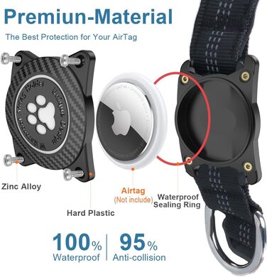 Світловідбиваючий нашийник для Apple AirTag для собак, регульований, водонепроникний, чорний, L (37.5-51.5 см)