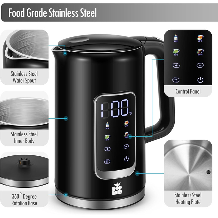Електричний чайник ForMe з нержавіючої сталі, 1,7 л, регулювання температури 40-100°C, LED дисплей, функція підтримання тепла, без BPA (чорний)