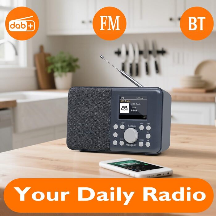 Портативне цифрове радіо MD3 DAB/DAB+/FM з Bluetooth, динаміком та навушниками, 40 станцій, будильник, годинник, таймер, кольоровий дисплей, батарея та мережа (темно-сірий)