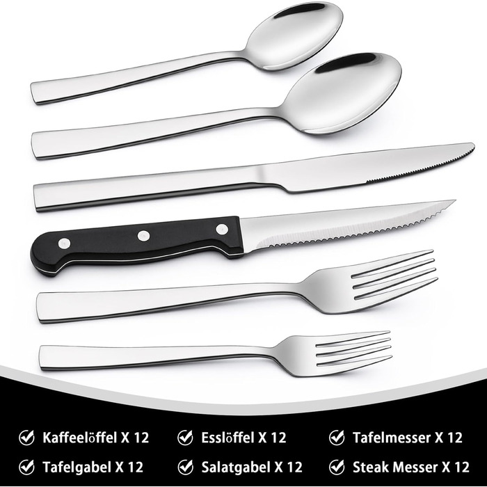 Набір столових приборів Terlulu на 12 осіб (72 шт.) з нержавіючої сталі, з ножами для стейка. Столовий набір з виделкою, ложкою та ножем. Елегантний столовий прилад для дому, ресторану, вечірки. Можна мити в посудомийній машині, квадратні краї.