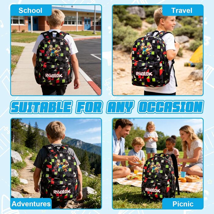 Дитячий рюкзак Yumcute Ro-blx з принтом для підлітків, велика місткість, рюкзак для школи та подорожей, мультяшний дизайн (M)
