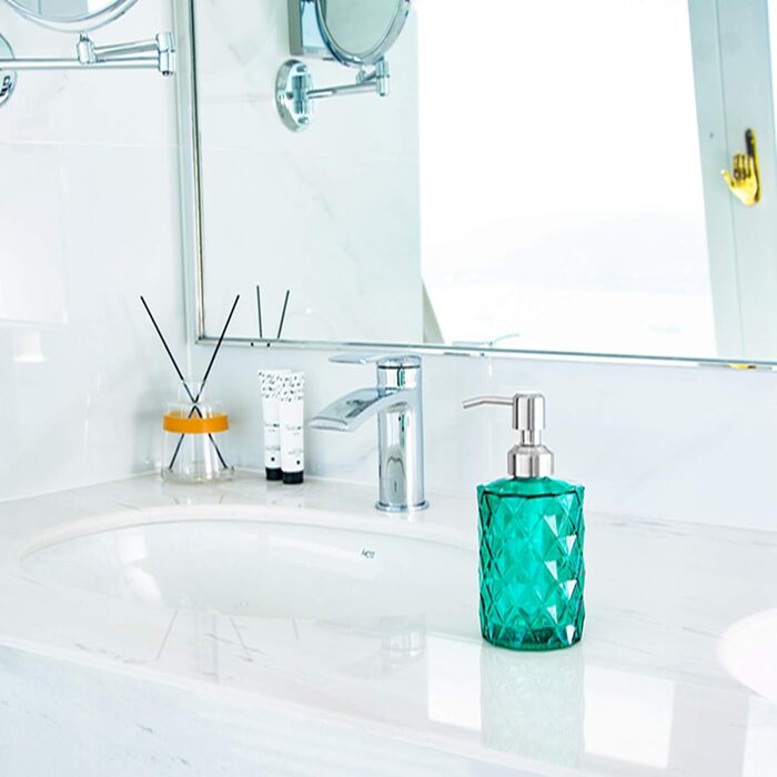 Дозатор для мила Ekirlin зі скла, 340 мл, для кухні та ванної кімнати, з нержавіючою сталевою помпою, підходить для мила, олій, шампуню (темно-сірий, зелений)