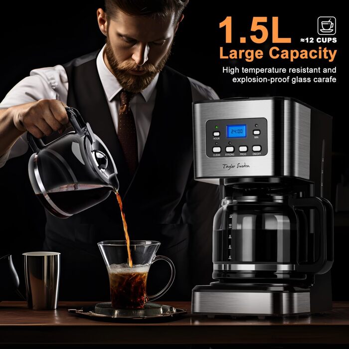 Кавомашина Taylor Swoden Darcy 950W з таймером, 1.5L, 12 чашок, автоматичне відключення, чорна