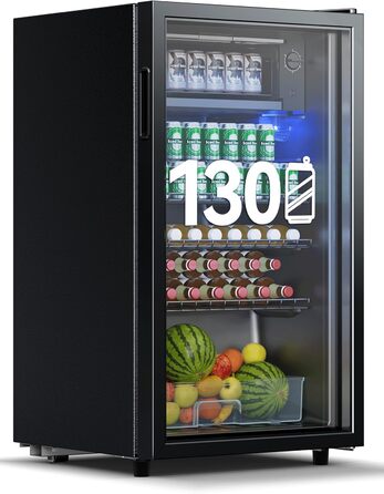 Холодильник для напоїв Devoko 93L з скляними дверцятами та LED-підсвіткою. Регульовані полиці для колі, пива та вина. Чорний колір, ідеально для дому та офісу.