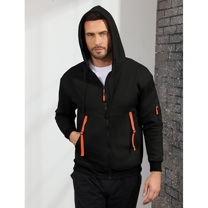 Худі Aulemen чоловіче з блискавкою, з довгим рукавом, спортивна куртка, Slim Fit, з капюшоном, з кількома кишенями, для повсякденного носіння та спорту (Чорний, XXL)