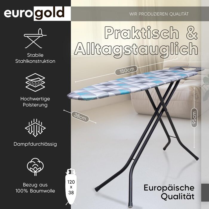 Прасувальна дошка EUROGOLD для парогенератора 120x38 см з регулюванням висоти, з відбиваючим покриттям, стабільна та компактна, Made in Europe, Lagune