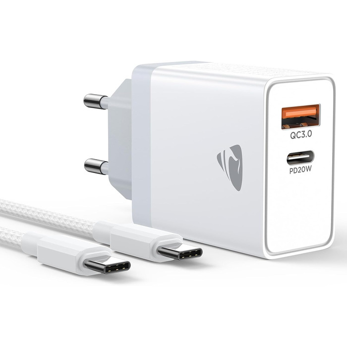 Мережевий адаптер USB C з двома портами, 20W, PD 3.0, з кабелем USB C - USB C 2м, білий