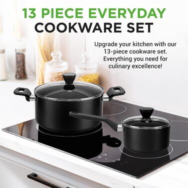 NutriChef 13-Piece Cookware Set | Non-Stick Cookware Set with Lids | Induction Pots and Pans Set for Gas, Electric & Ceramic Cooktops | PFOA-Free | Pots & Pans for Healthy Cooking Black