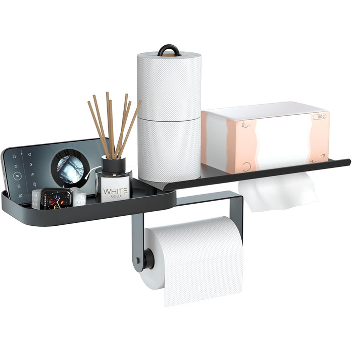 Настінний тримач для туалетного паперу з полицею, багатофункціональний, обертовий, з нержавіючої сталі, чорний мат. Підходить для ванної кімнати, кухні та пральні.