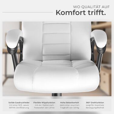 Офісний крісло tectake® з регулюванням висоти, обертання, підлокітники, функція гойдання, штучна шкіра, 12 см м'якість - білий колір