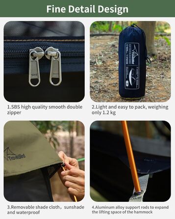 Гамак для кемпінгу 4-в-1 з москітною сіткою та знімним сонцезахистом, 290x140 см, армійний зелений