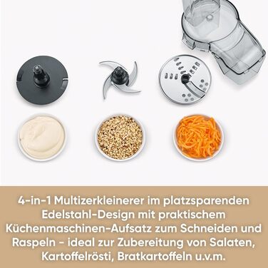 SEVERIN Compact Multi-Chopper, Universal Chopper for Coarse and Fine Chopping, Food Processor with Extensive Accessories, Brushed Stainless Steel / Black, KM 3865