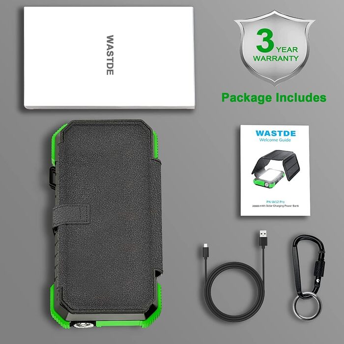 Сонячний павербанк WASTDE з сонячною панеллю, 26800mAh, водонепроникний, з ліхтариком (SOS), для зарядки телефонів та планшетів, USB-C, 18W, зелений