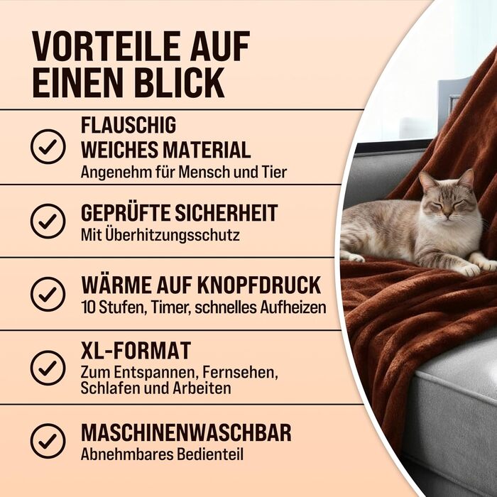 Електрична ковдра Monzana® 180x130 см, 120 Вт, 10 режимів нагріву, таймер, захист від перегріву, чорна/коричнева