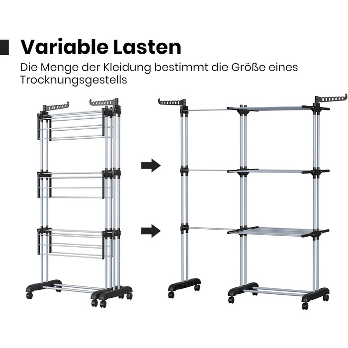 Сушарка для білизни Oak & Tea Turm, 83-200см, XXL, на колесах, 4 яруси, для дому та вулиці (Чорний)