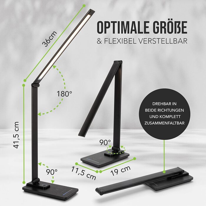 SMARTIVE LED лампа настільна з бездроговою зарядкою - офісна лампа з 10W бездротовою зарядкою, регульоване світло, USB вихід, чорний колір