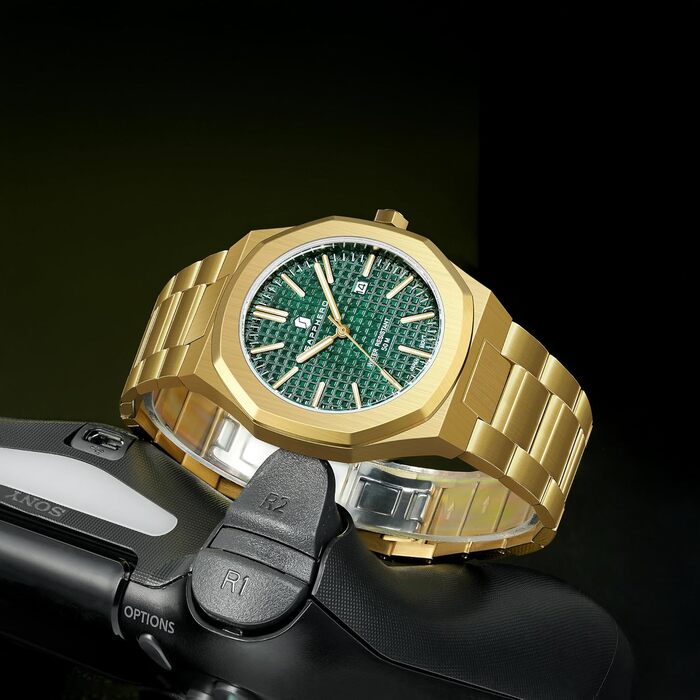 Годинник SAPPHERO для чоловіків: класичні кварцові годинники з нержавіючої сталі, водостійкі 50M, з календарем, зелене циферблат, золотий браслет. Елегантний подарунок для чоловіків.