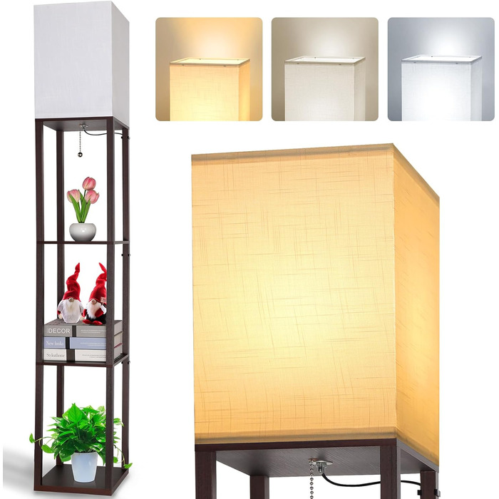 Світлодіодна торшер з дерева, 1.6м, з цоколюванням E27 (3000K-5000K), ретро торшер з 3 полицями, 3 колірні температури, настільна лампа з абажуром для спальні, кута, вітальні, офісу (коричневий)