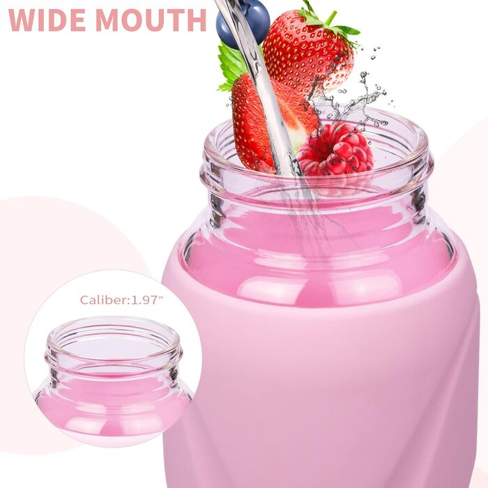 1 liter / 1l Drinking Bottle Glass with Straw BPA-Free Glass Bottle with Silicone Sleeve Borosilicate Glass Water Bottle (Pastel Pink)
