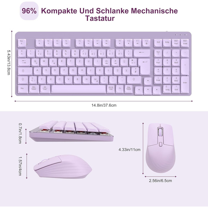 Leadsail FA98 Бездротова Механічна Клавіатура та Миша, QWERTZ, 98 Клавіш, 1600 DPI, для Windows/MacOS/PC/Laptop (Лідська)