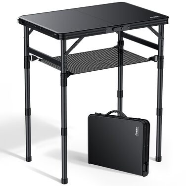 Складний кемпінговий стіл Anbte 58x40 см, алюмінієвий каркас, чорний пластиковий стіл з регульованою висотою (26/48/70 см) для пікніка, саду, балкону з сіткою для зберігання